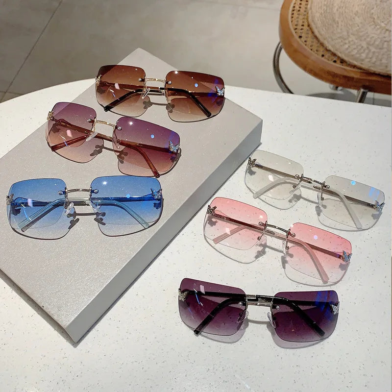 Y2K Luxusmarken Designer Randlose Quadratische Sonnenbrille Damen Für Weibliche Trendige Sonnenbrille Diamant Schmetterling Rosa Punk Shades UV400