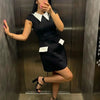 Elegantes A-Linien-Minikleid für Damen mit Peter-Pan-Kragen, kurzen Ärmeln, Taschen, Patchwork, Etui-Passform, hoher Taille, für Party und Club, kurze Kleider