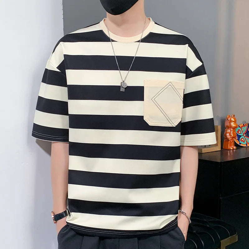 Casual Short Sleeve T Shirt Men'S For 2025 Summer Tshirt Top Tees Striped Brand Fashion HIP HOP Clothes OverSize 3XL T-Shirt