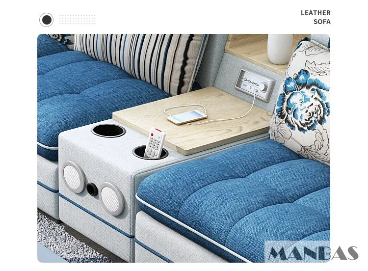 MINGDIBAO Nordische Stoff-Sofagarnitur mit Bluetooth-Lautsprecher & USB – Modernes Modulares Wohnzimmer-Sofa, Großes U-förmiges Ecksofa aus Stoff