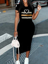 Summer heart-shaped print short sleeved women's sexy dress Casual Round Neck Pullover Dress Solid Color
