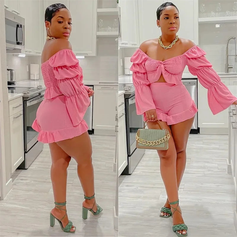 Chic Women Sweet Set Puff Sleeve Crop Tops and Shorts Outfits Solid Stretch Pleated Sexy Summer Girl 2 Two Piece Suit
