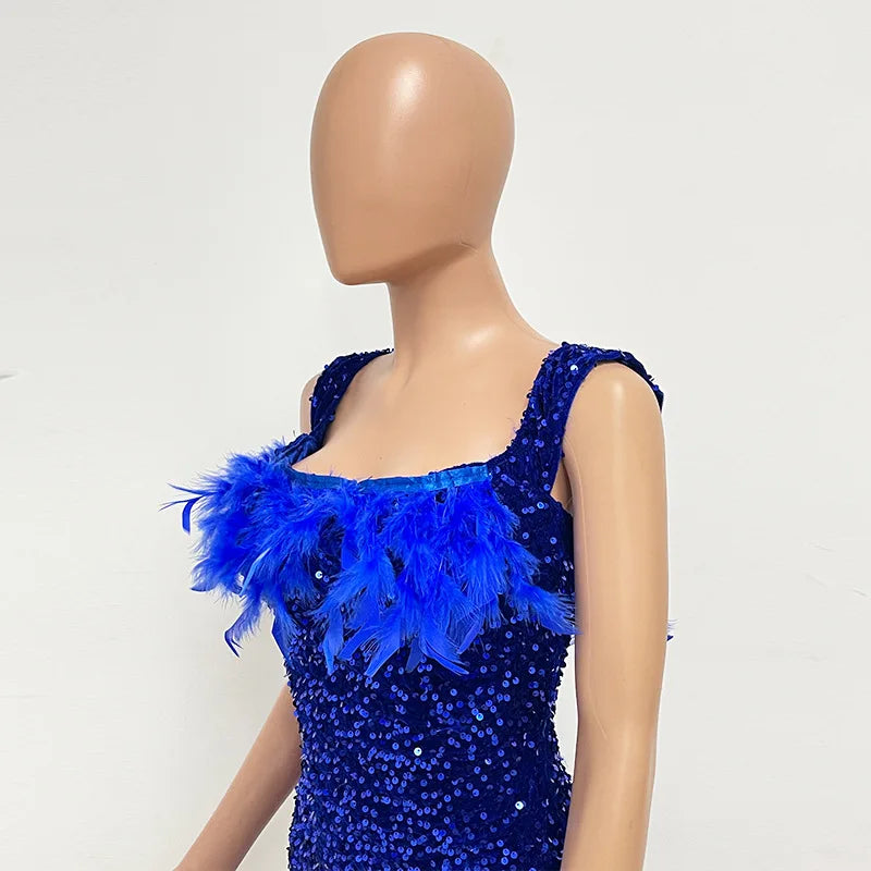 Damen Partykleid Ärmellos Glänzende Pailletten Feder Abendkleid Sexy schulterfrei rückenfrei Mini Formelle Ballkleider HXY8