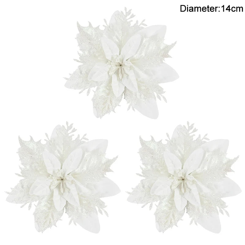 3/10Stück 14cm Weihnachtsblumen Glitzer Rot Gold Blütenkopf Weihnachtsbaumschmuck Neujahrsdekorationen für Zuhause Navidad Noel Geschenke