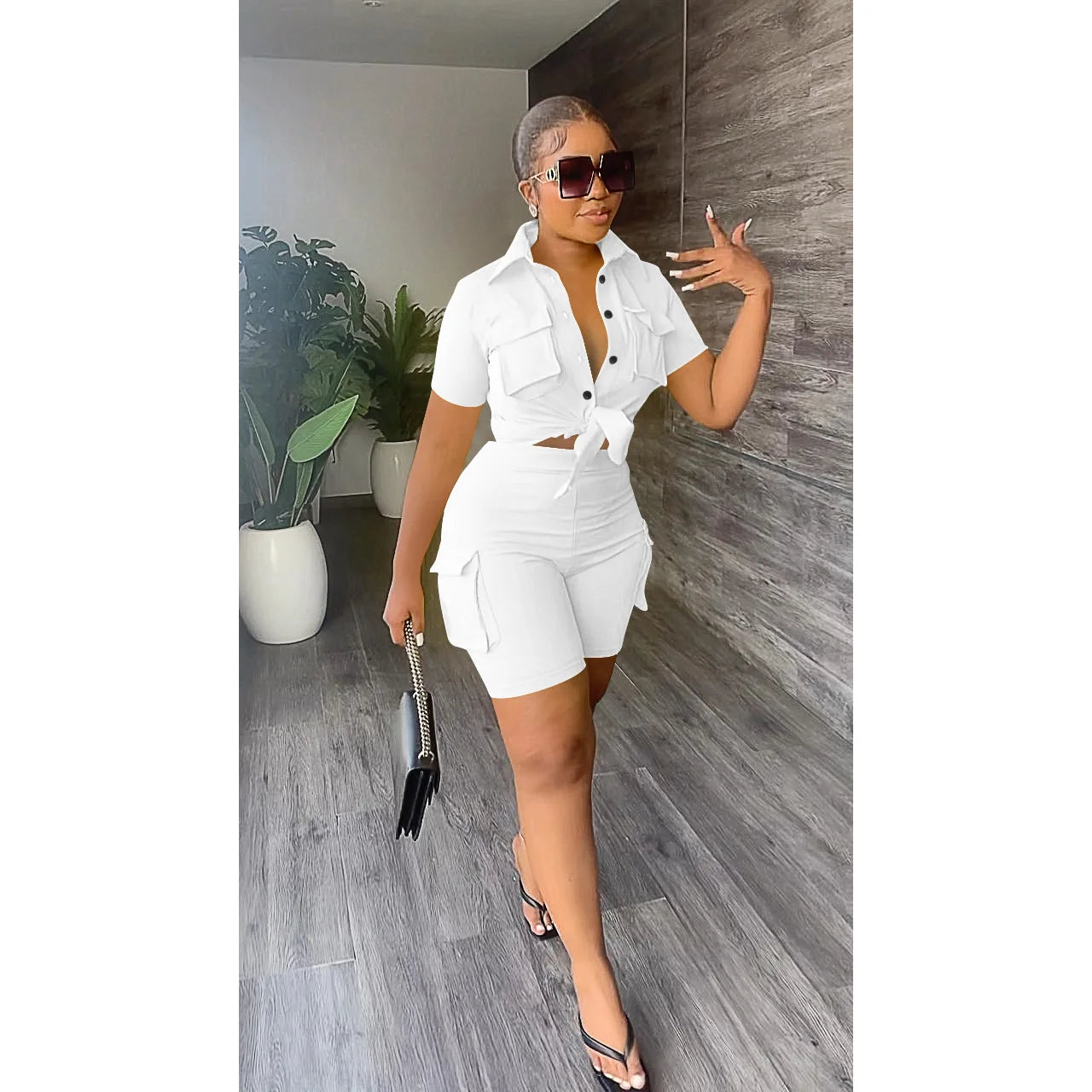 Women Two Piece Shorts Set Outifit Summer Fashion Solid Turn-Down Collar Short Sleeve Shirts Top & Casual Pocket Streetwear Sets