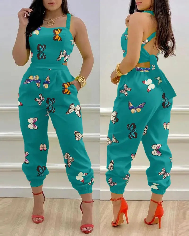 Eleganter Damen Overall 2024 Sommer Mode Träger Hohl Sexy Off-Taille Bedruckter Jumpsuit