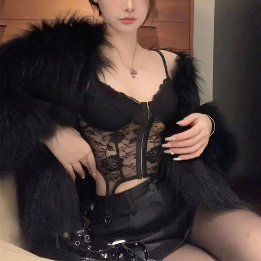 V-Neck Sexy Lace Corset Top Slim Fit Push Up Hollow Suspender Vest Adjustable Straps Off Shoulder Breathable Mesh Vest Travel