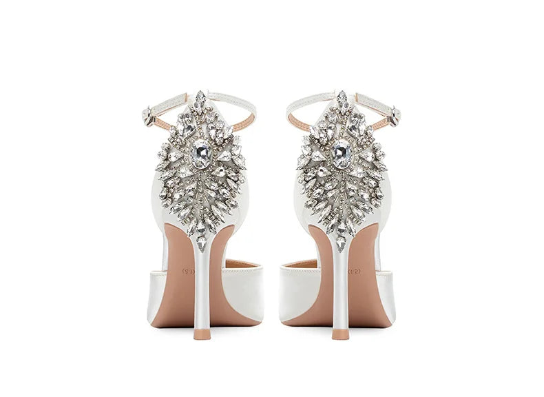 Baotou Hohle High Heels Damen Sandalen Spitz Dünne Ferse Ein-Wort-Schnalle Strass Hochzeitsschuhe Brautschuhe