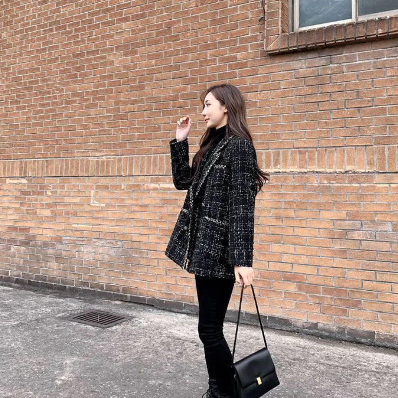 Tweed-Karo Anzugjacke Damen Oberbekleidung Lockerer Mittellanger Zweireihiger Freizeit-Wollblazer Top 2024 Frühling Herbst Neuer Schicker Anzug