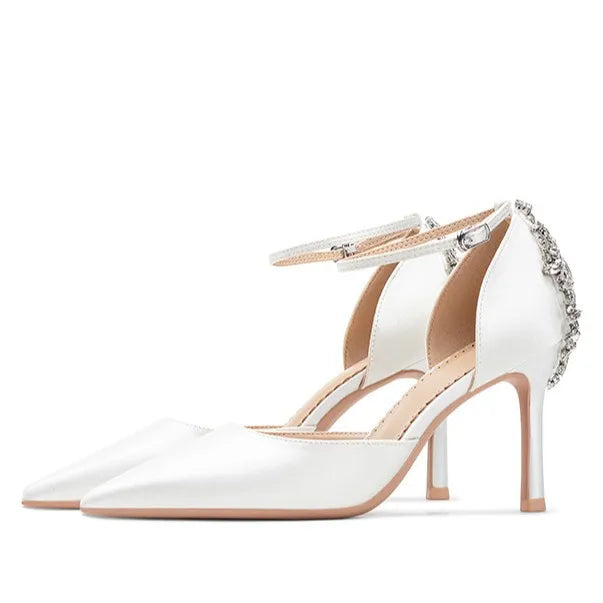 Baotou Hohle High Heels Damen Sandalen Spitz Dünne Ferse Ein-Wort-Schnalle Strass Hochzeitsschuhe Brautschuhe