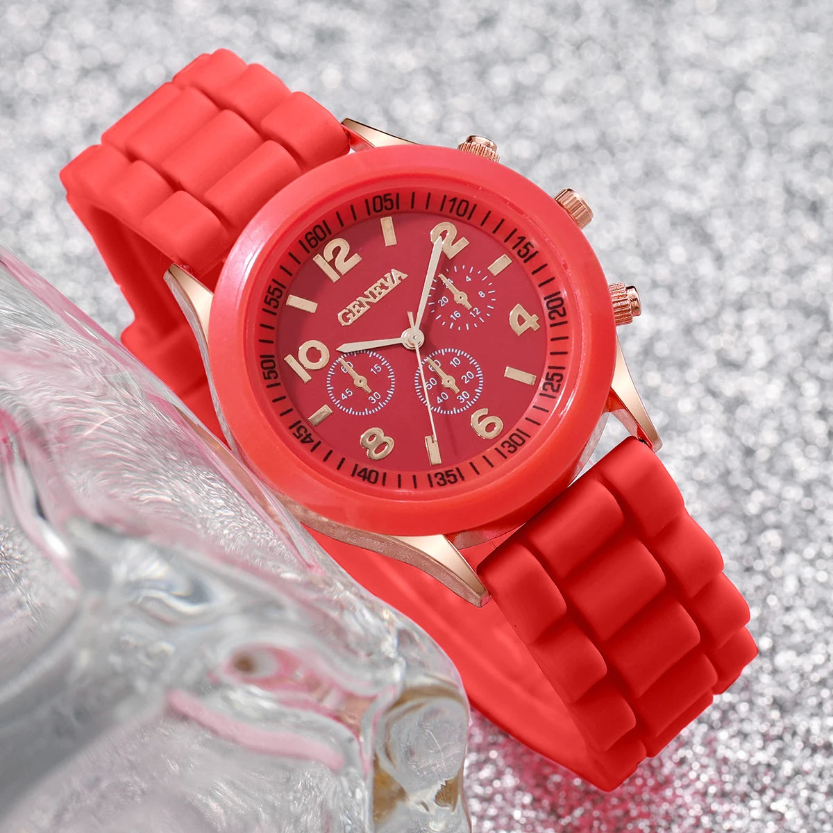 4er-Set Damen Silikonuhr Weiß, Pink, Rot, Schwarz Quarzuhr-Set