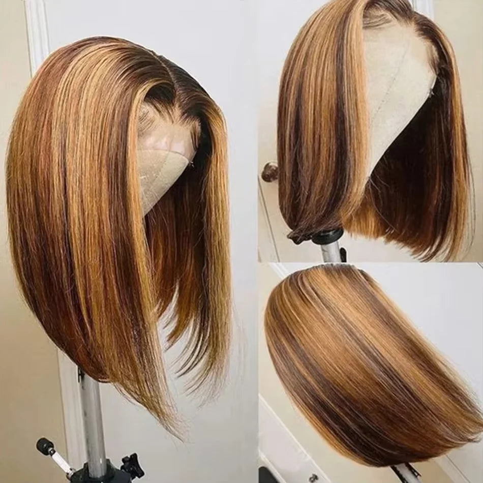 Highlight Perücken Echthaar Straight Bob Perücke 4/27 Ombre 13x4 Lace Front Echthaar Perücke 100% Remy Haar vorgezupft Transparente Spitze
