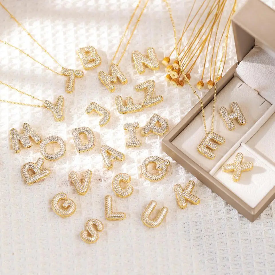 RAKOL Exquisite Copper Gold-plated Zircon Pendant American Minimalist Collarbone Chain 26 A-Z Balloon Letter Necklace For Women