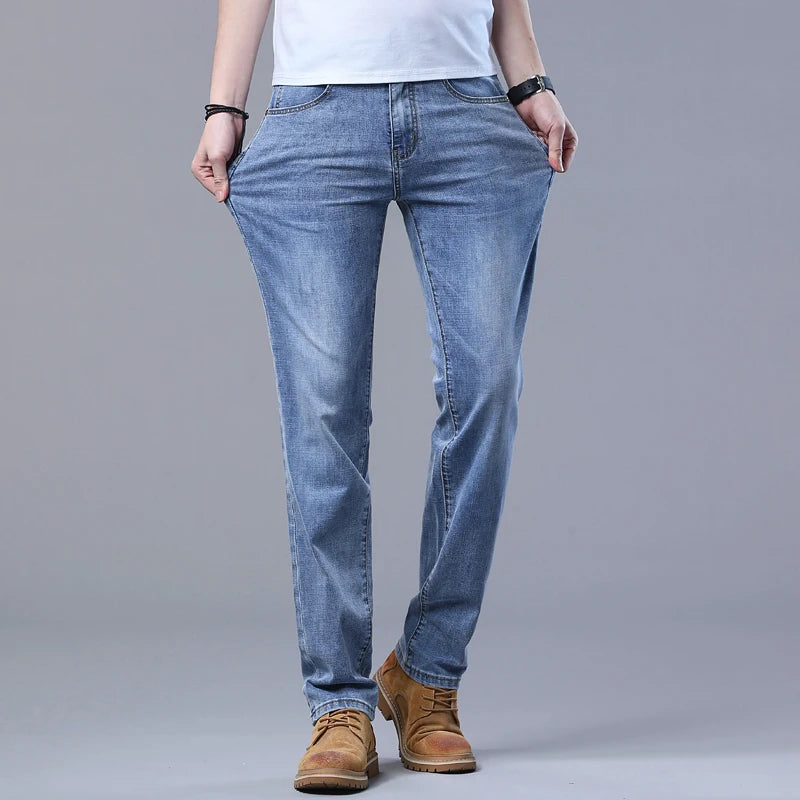 Frühlings Herren Hellblaue Slim Jeans Stylische Lässige Stretch Denim Hose Klassische Chinohose Rauchgrau