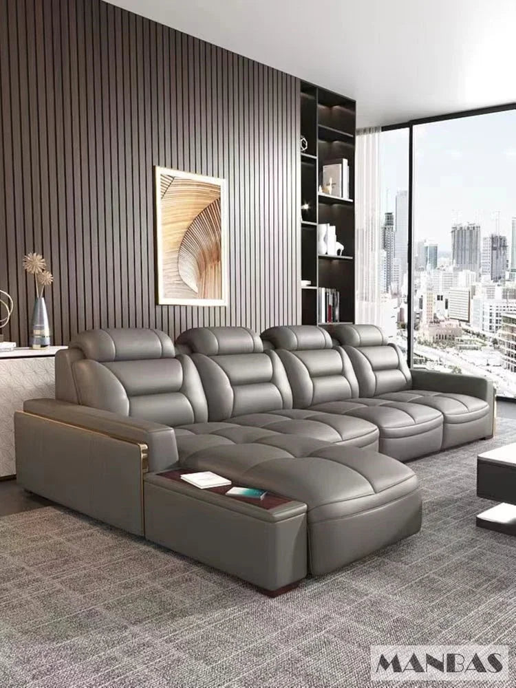 Premium italienische Echtleder-Ecksofas Sofagarnituren mit USB und Bluetooth Lautsprecher – MANBAS Wohnzimmermöbel