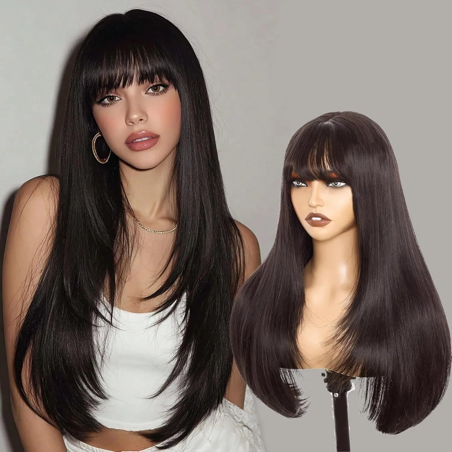 Light Brown Short Bob Layered Lace Front Wig With Bangs Straight Lace Frontal Wig 13x4 Glueless Synthetic Heat Resistant Cosplay