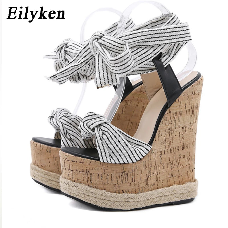 Eilyken Sommer Einfarbige Weiße Plateau Keilsandalen Damen Mode High Heels Knöchelriemen Offene Zehen Schuhe