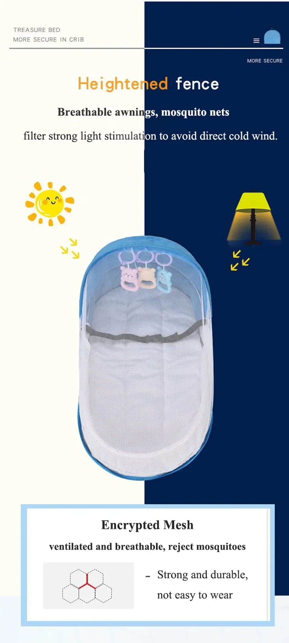 Babybett, faltbar, tragbar, mit Netz und Verdeck, Babynest, tragbares Babybett zum Campen, Säuglingswiege