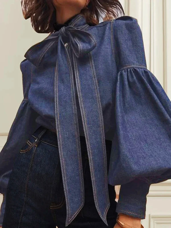 Gymystars Neue Trendige Imitation Jeans Blusenoberteile für Damen, lange Puffärmel, Schleifenverzierung, hoher Hals, Damen Herbsthemden