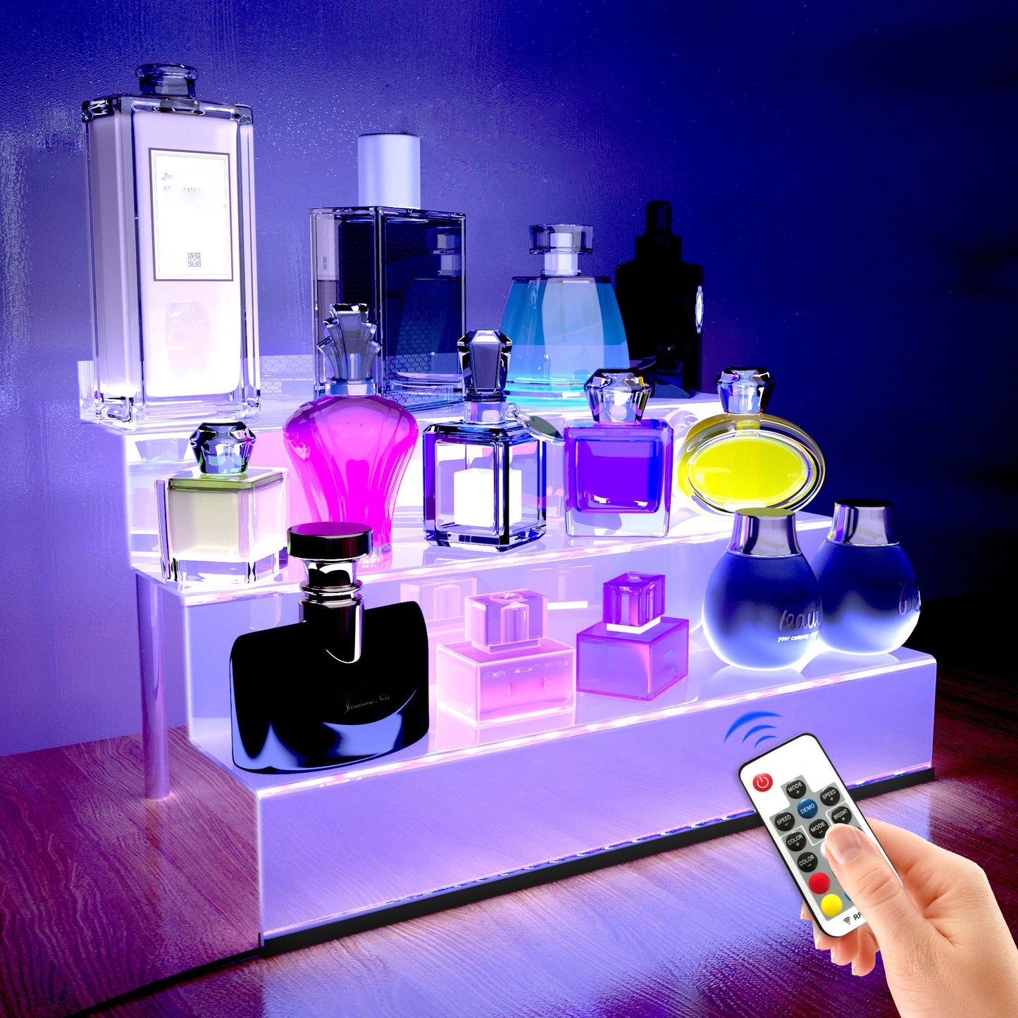 Acrylic Display Rack with LED Lights - 3 Tier Nail Polish Perfume Rack and Display Ladder Rack,,Figures Stand,Clear Cupcake Rise