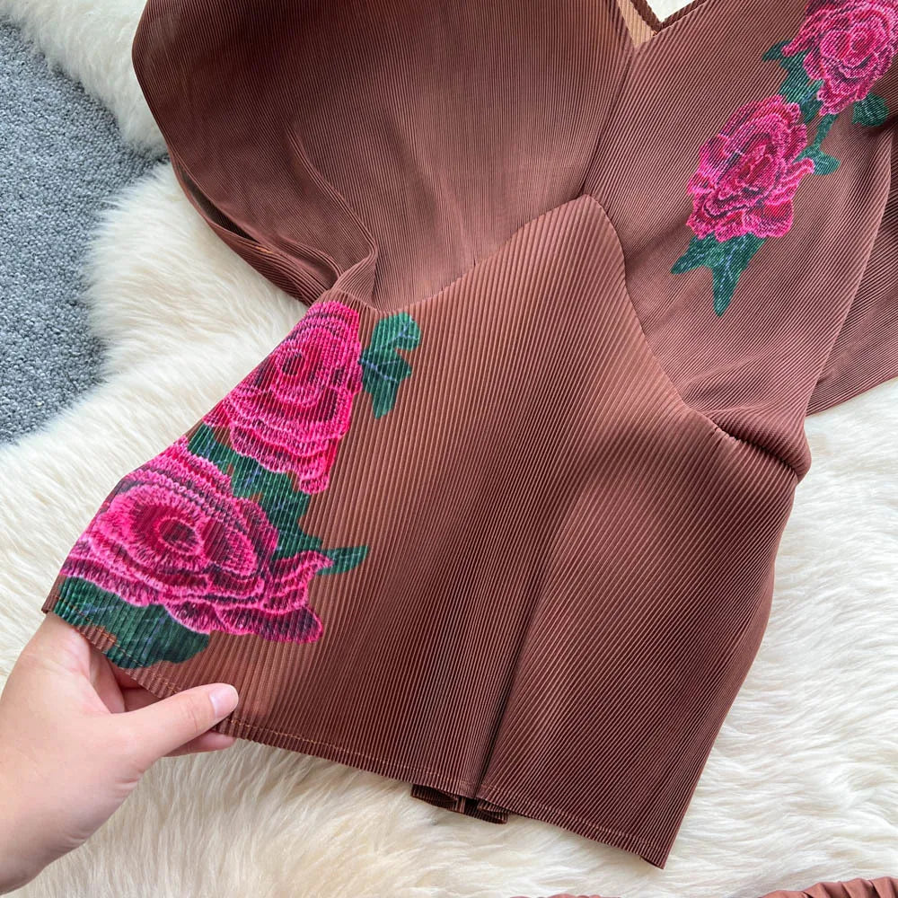 Two Pieces Women Dress Sets Solid Matching Sets V Neck Printing Top High Waist Pleat Dress Loose Fit Casual 2025 Autumn Winter