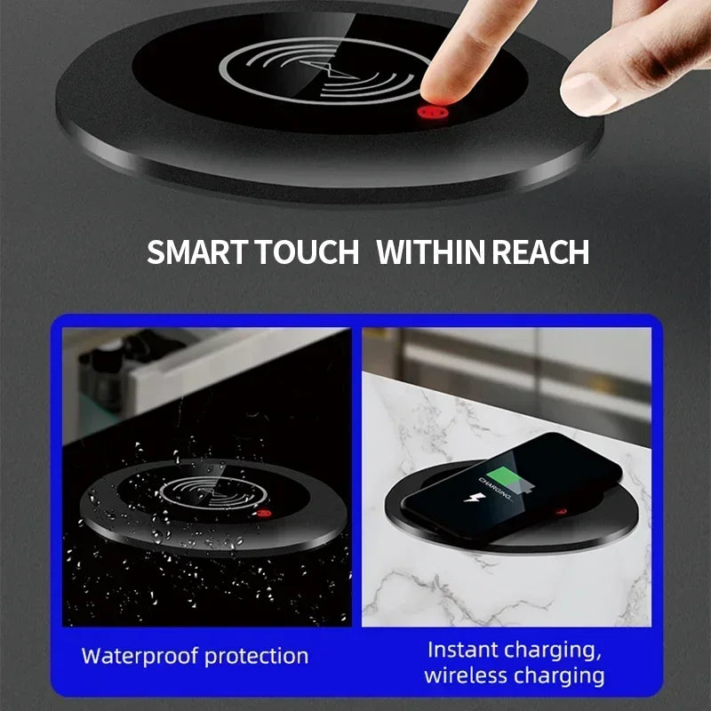 Motorized Lifting Pop Up Tower Power Outlet Hidden Mounted Kitchen Worktop USB Type C Socket with Speaker Wireless Charging