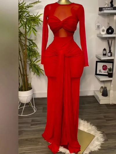 Neue Damen lange Kleider Sexy Rundhals Langarm Hohe Taille Elegant Spleiß Bodycon Abend Vestidos Maxi Party Nachtkleid