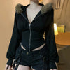 BIIKPIIK Pelzkragen Kapuzenmäntel für Damen Lässiger Reißverschluss Slim Hoodies Einfache All-match Schwarz Harajuku Mantel Herbst Winter Sweatshirts