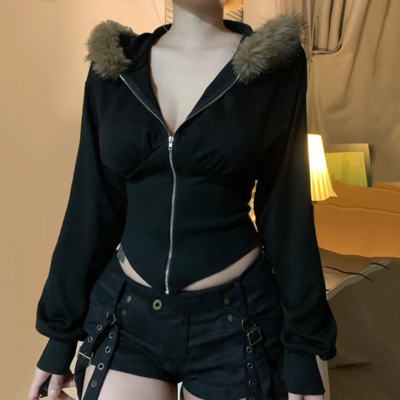BIIKPIIK Pelzkragen Kapuzenmäntel für Damen Lässiger Reißverschluss Slim Hoodies Einfache All-match Schwarz Harajuku Mantel Herbst Winter Sweatshirts