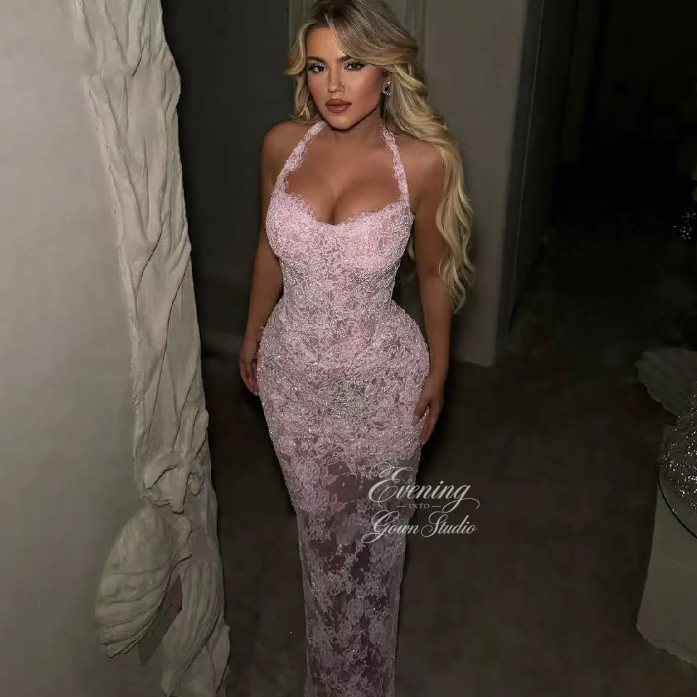 Lace Evening Dresses Woman Elegant Party With Corset Applique Mermaid Birthday Dresses Prom Gowns Halter Neck Customized