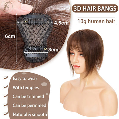 TESS Echthaar-Pony 3D-Fransen 10g Echthaar Unsichtbarer Clip-In-Haarteil mit Schläfen Haarklammer Naturpony für Frauen