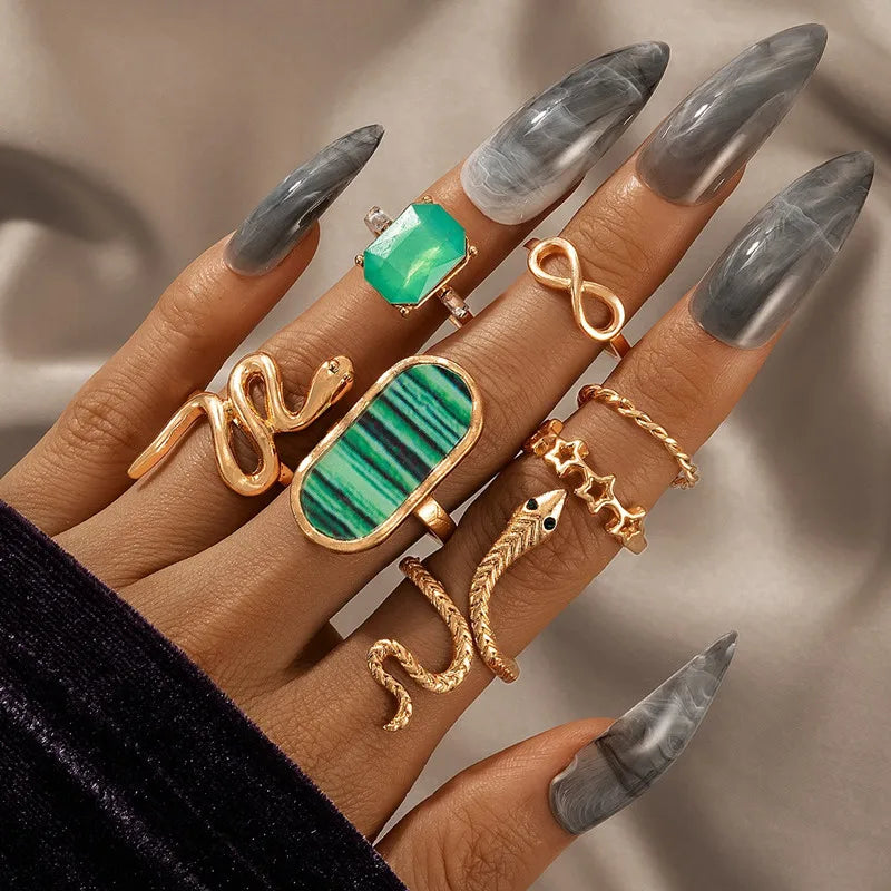 50pc/Lot Jewelry Factory In Stock Finger Rings Women Gold Antique Silver Plate Enamel Opal Crystal Snake Jewelry Party Bar Girl