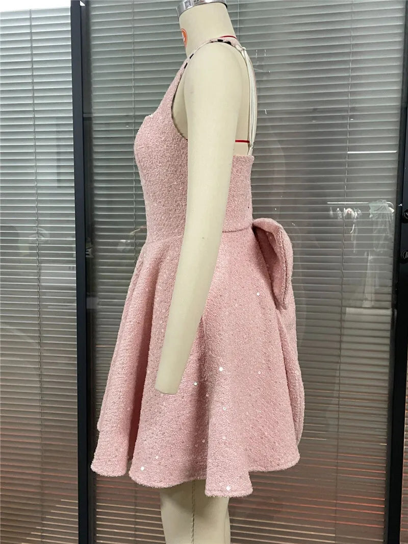 Mozision Pailletten-Kleid mit Schleife am Rücken, rückenfrei, sexy Mini-Kleid für Damen, modisches Etuikleid mit eckigem Ausschnitt, ärmellos, hohe Taille, A-Linie, Clubkleid