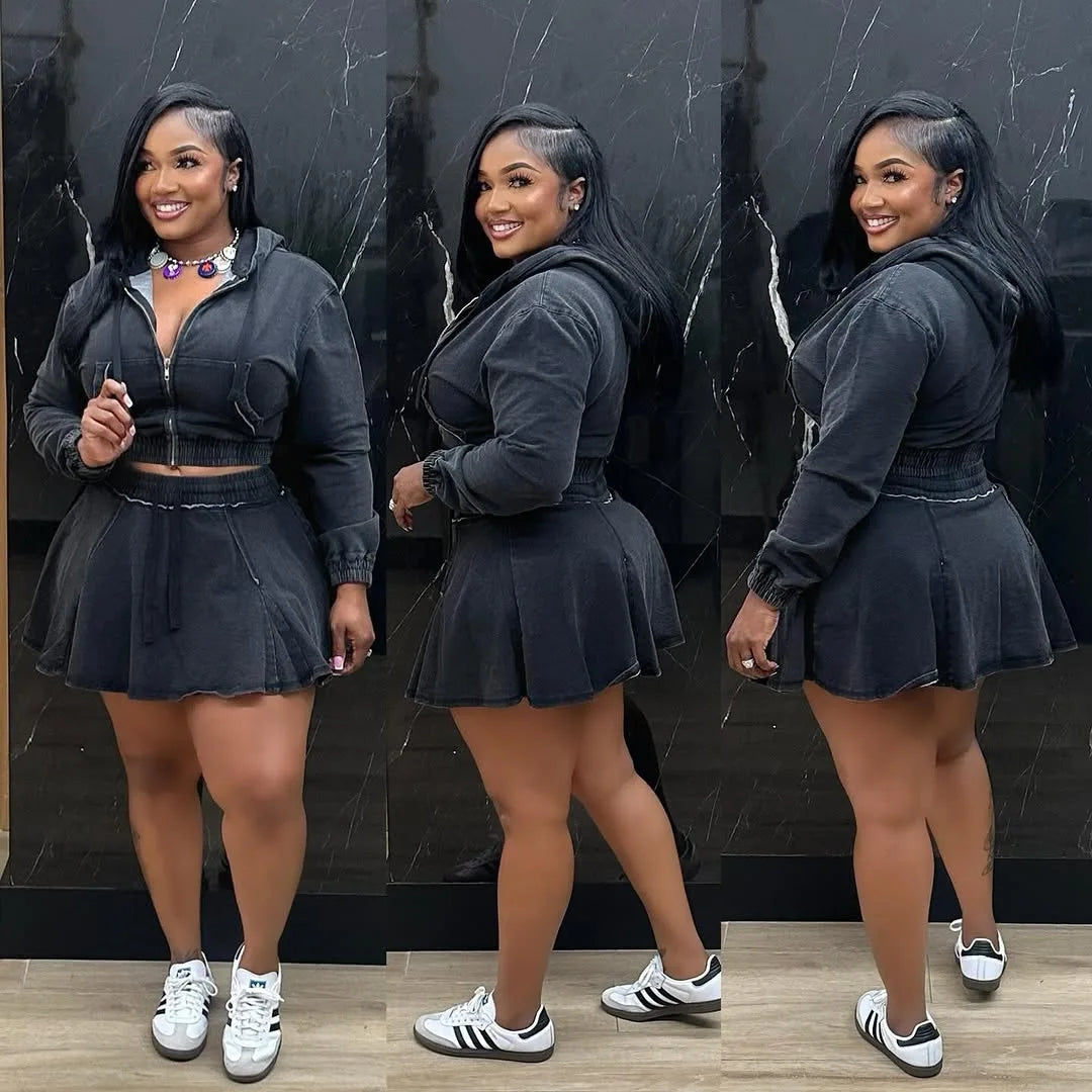 Two Piece Sets Women Denim Skirt Hooded Zipper Tops Short Dress Sets Skirts A Line High Waist Y2k Streetwear Elegant Slim Fit