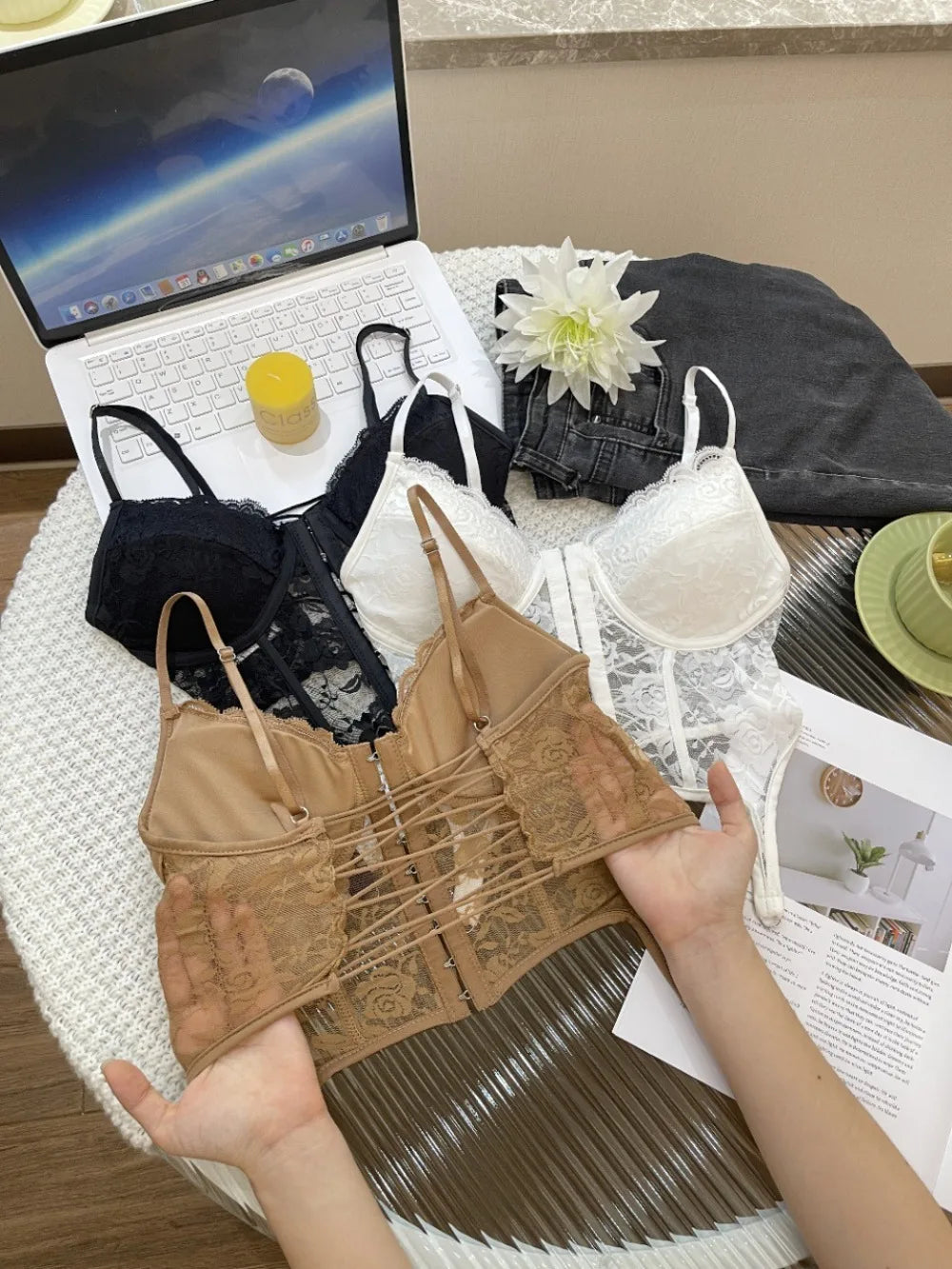 V-Neck Sexy Lace Corset Top Slim Fit Push Up Hollow Suspender Vest Adjustable Straps Off Shoulder Breathable Mesh Vest Travel