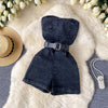 Damen Jeans Jumpsuit Sommer Playsuit Mode Hot Drill Hoher Bund Schmal Ärmellos Trägerlos Gürtel Outfits