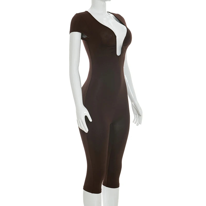 Solid Color Sexy Slim Fit and Slimming Chest U-Neck Jumpsuit, Versatile and Fashionable Jumpsuit Cropped Pants