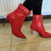 Gürtelschnalle Reißverschluss vorne Modenschau Stiefeletten Damen Herbst Winter Neu Spitz Metallverzierung Rote High Heels Ankle Boots