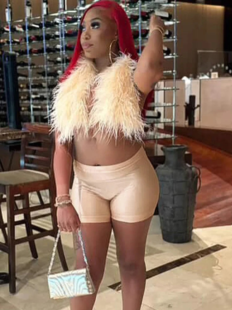 Kricesseen Women's Furry Suits Set 2 Piece Outfits Summer Halter V Neck Backless Crop Top And Stain Matching Shorts Set Clubwear