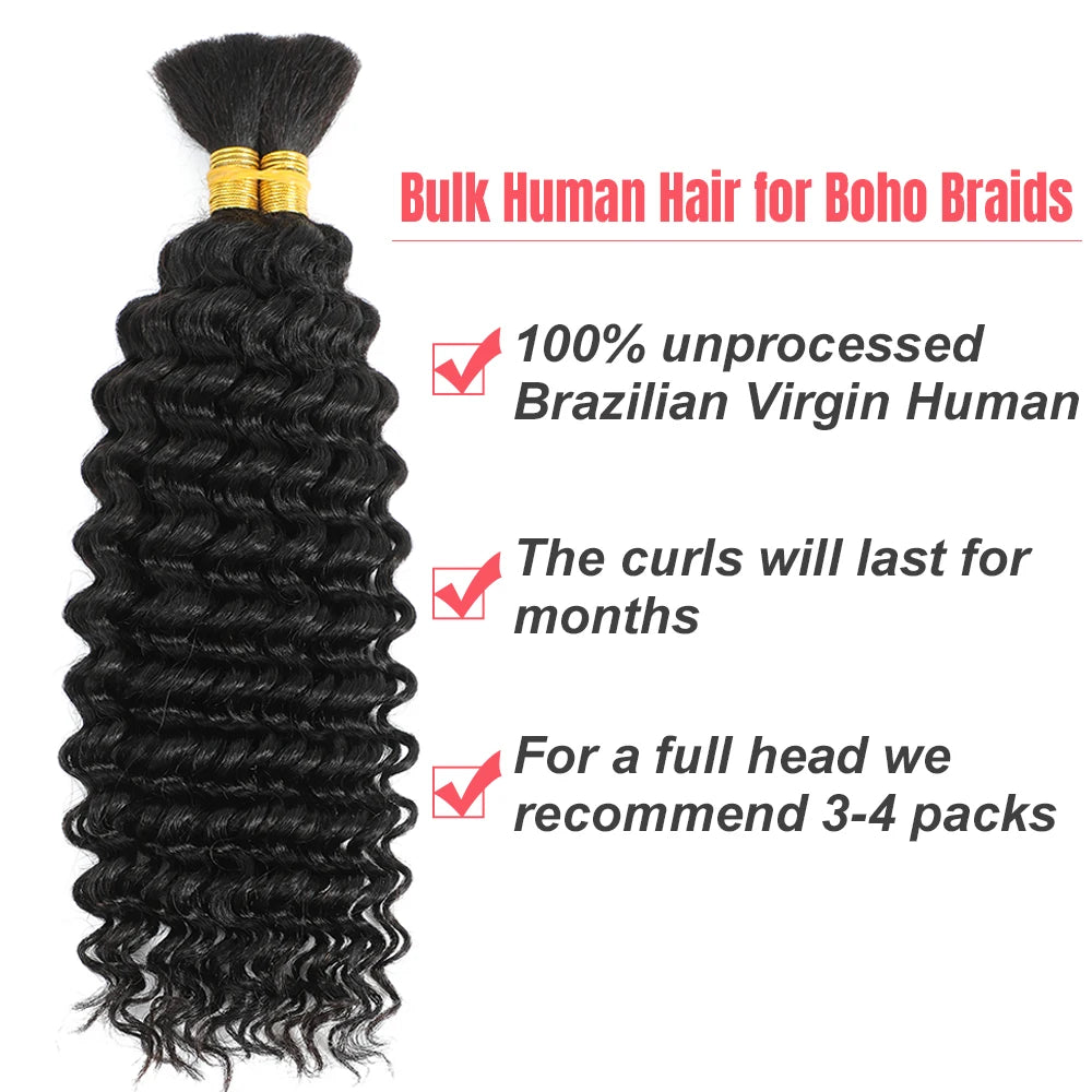 Menschenhaar zum Flechten, Tiefwellen-Bulk zum Flechten, ohne Tressen, Tief gelocktes Flechthaar für Boho Braids, brasilianisches Echthaar