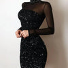 Evening Dresses for Women 2022 New Elegant Sexy Party Wedding Guest Glitter Contrast Lace Cutout Long Sleeve Bodycon Mini Dress