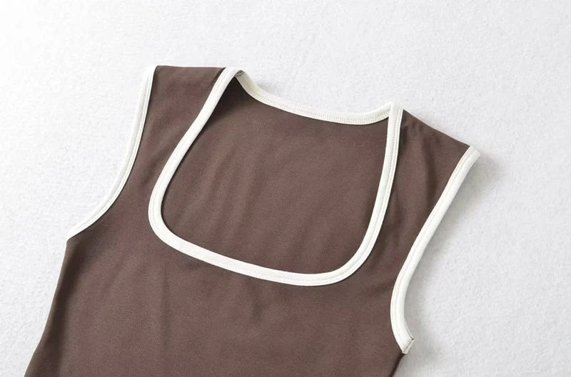Woman Fashion Slim Solid Contrust Camis Casual Sleeveless Tanks Square Collar Crop Tops Clothing Streetwear Mujer 2024 Y2k