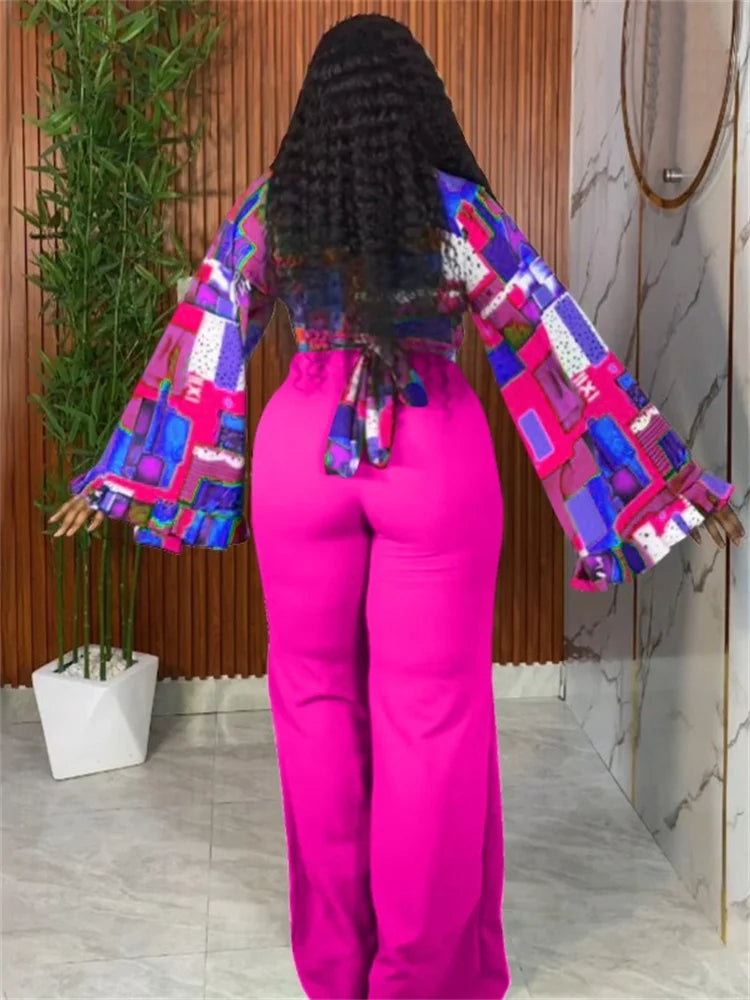 Wmstar Plus Size Two Piece Sets Wholesale Long Sleeve Print Top and Wide Leg Pants Matching Suit Fall Clothing Dropshopping