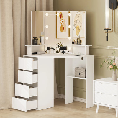 Vabches Eck-Schminktisch mit Beleuchtung, dreifachem Spiegel, Schlafzimmer-Schminktisch mit Steckdosenleiste, 4 Schubladen, Holz-Frisiertisch