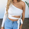 Women lady bandage slim tee tops long sleeve one-shoulder bow-tie elastic solid T Shirt cold shoulder sexy crop top Club Street