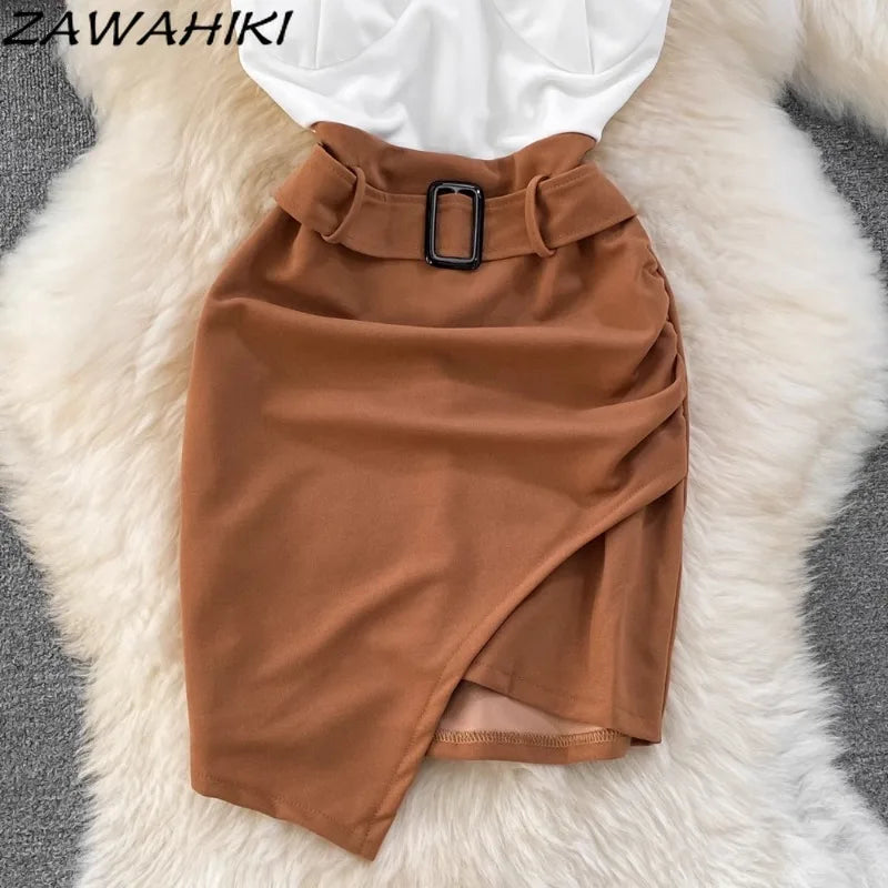 Mode-Trägerkleid Sexy Kontrastfarben-Patchwork Damenkleider Unregelmäßiges Hüftwickelkleid Büro-Dame Koreanische Ropa Mujer