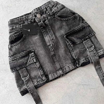 Harajuku Multiple Pockets Denim Plaid Skirt Goth Black Mini Skir Vintage Y2K New Fashion Womens Casual Versatile Sexy Streetwear