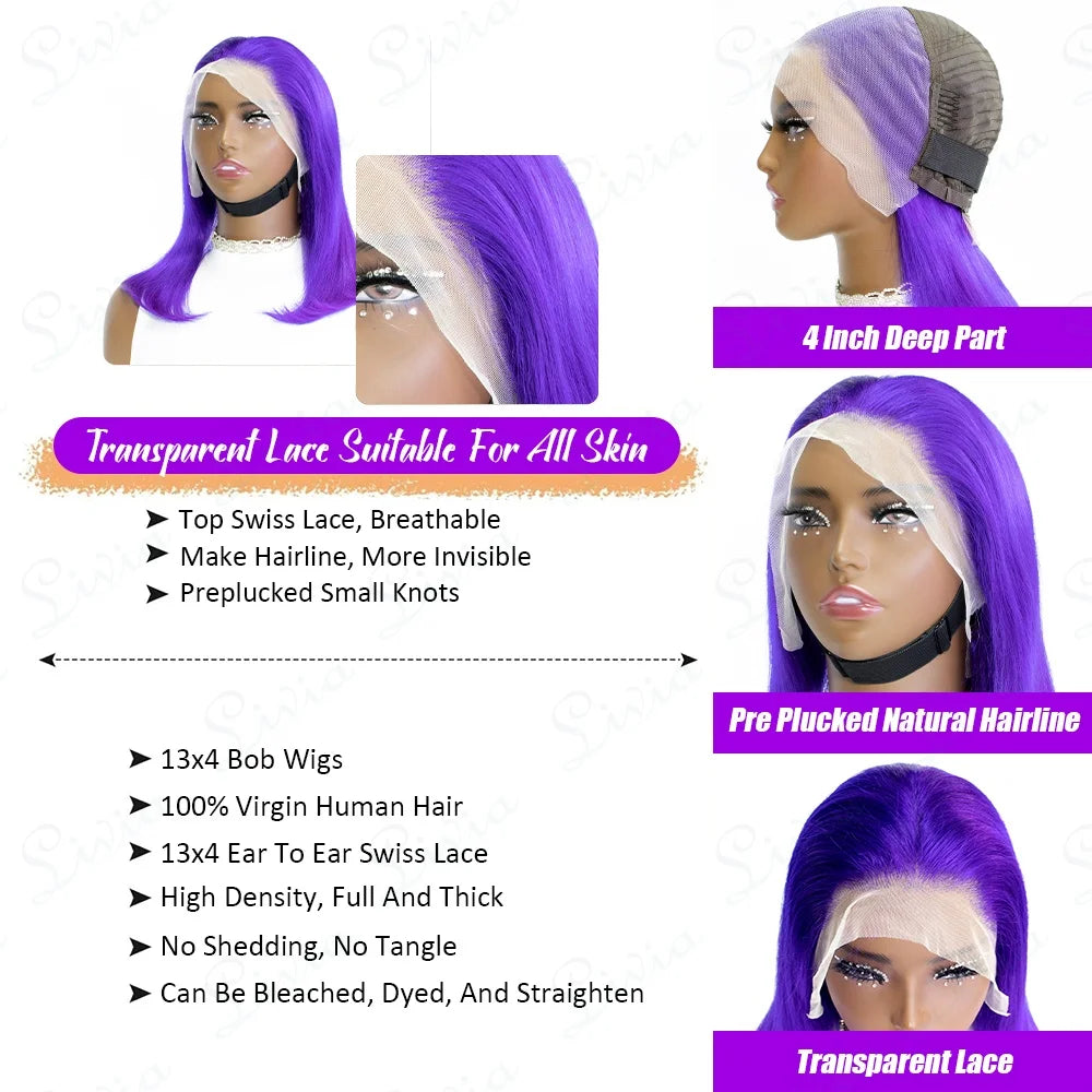 Purple Straight Bob Wigs Human Hair Preplucked Transparent Lace Frontal Wigs Brazilian 13x4 Short Bob Wigs 100% Human Hair Wigs