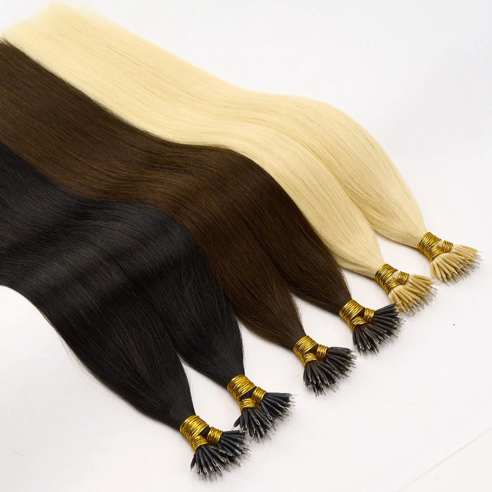 50Pcs Nano Ring Human Hair Extensions Straight Remy Micro Beads Ring Hair Extension 0.5g/0.8g/1g/Strand 12-26Inch Natural Color