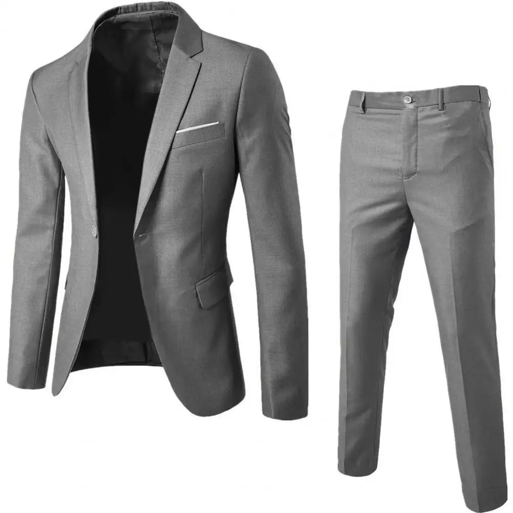 1 Set Stylish Formal Suit Temperament Men Pants Turndown Collar Pure Color One Button Suit Set Daily Wear